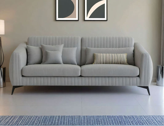 Adorn India Premium Valentino 3 Seater Sofa | Velvet Suede Fabric | 3-Year Warranty | Color Grey with Golden Legs & Striped Pattern Cushion