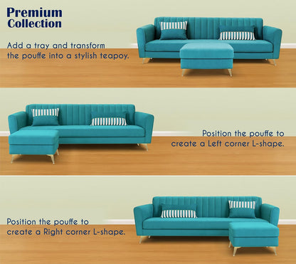 Adorn India Premium Luster 4 Seater L Shape Sofa Set | Velvet Suede Fabric | 3-Year Warranty | Color Aqua Blue with Golden Legs & Striped Pattern Cushion