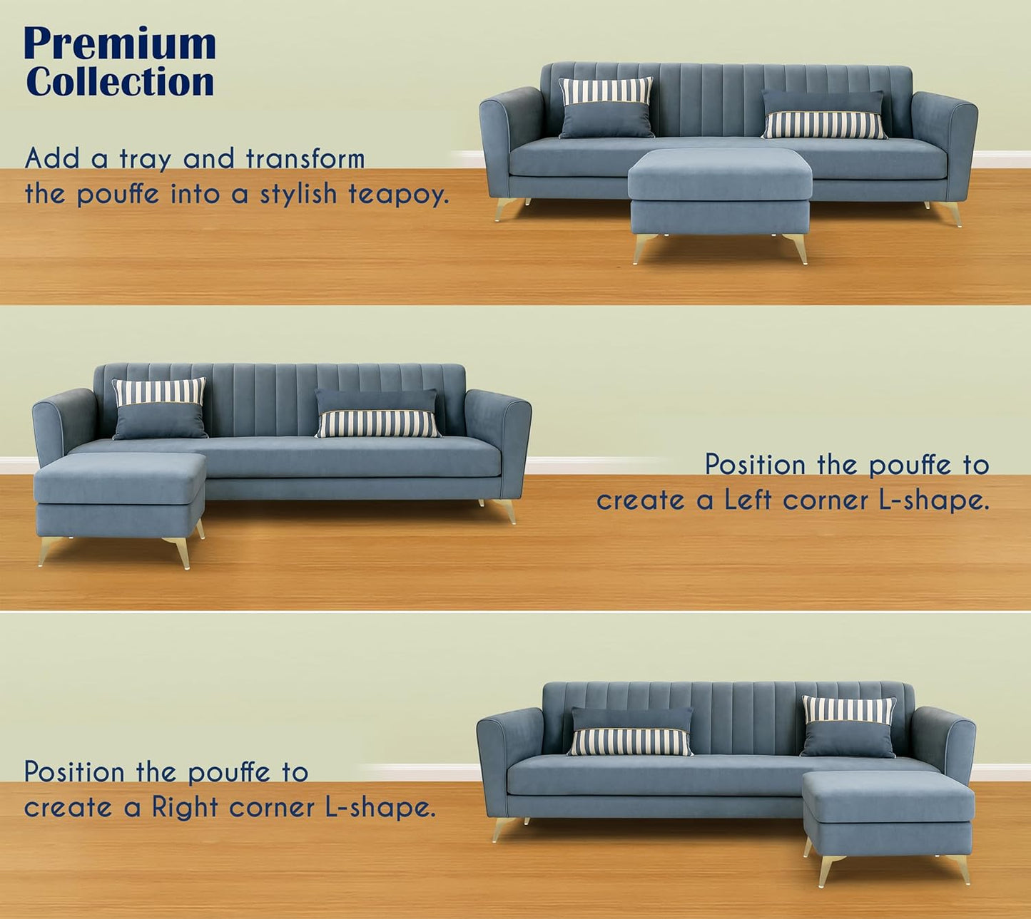 Adorn India Premium Luster 4 Seater L Shape Sofa Set | Velvet Suede Fabric | 3-Year Warranty | Color Grey with Golden Legs & Striped Pattern Cushion