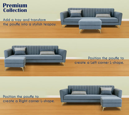 Adorn India Premium Luster 4 Seater L Shape Sofa Set | Velvet Suede Fabric | 3-Year Warranty | Color Grey with Golden Legs & Striped Pattern Cushion
