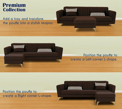 Adorn India Premium Luster 4 Seater L Shape Sofa Set | Velvet Suede Fabric | 3-Year Warranty | Color Grey Brown with Golden Legs & Striped Pattern Cushion