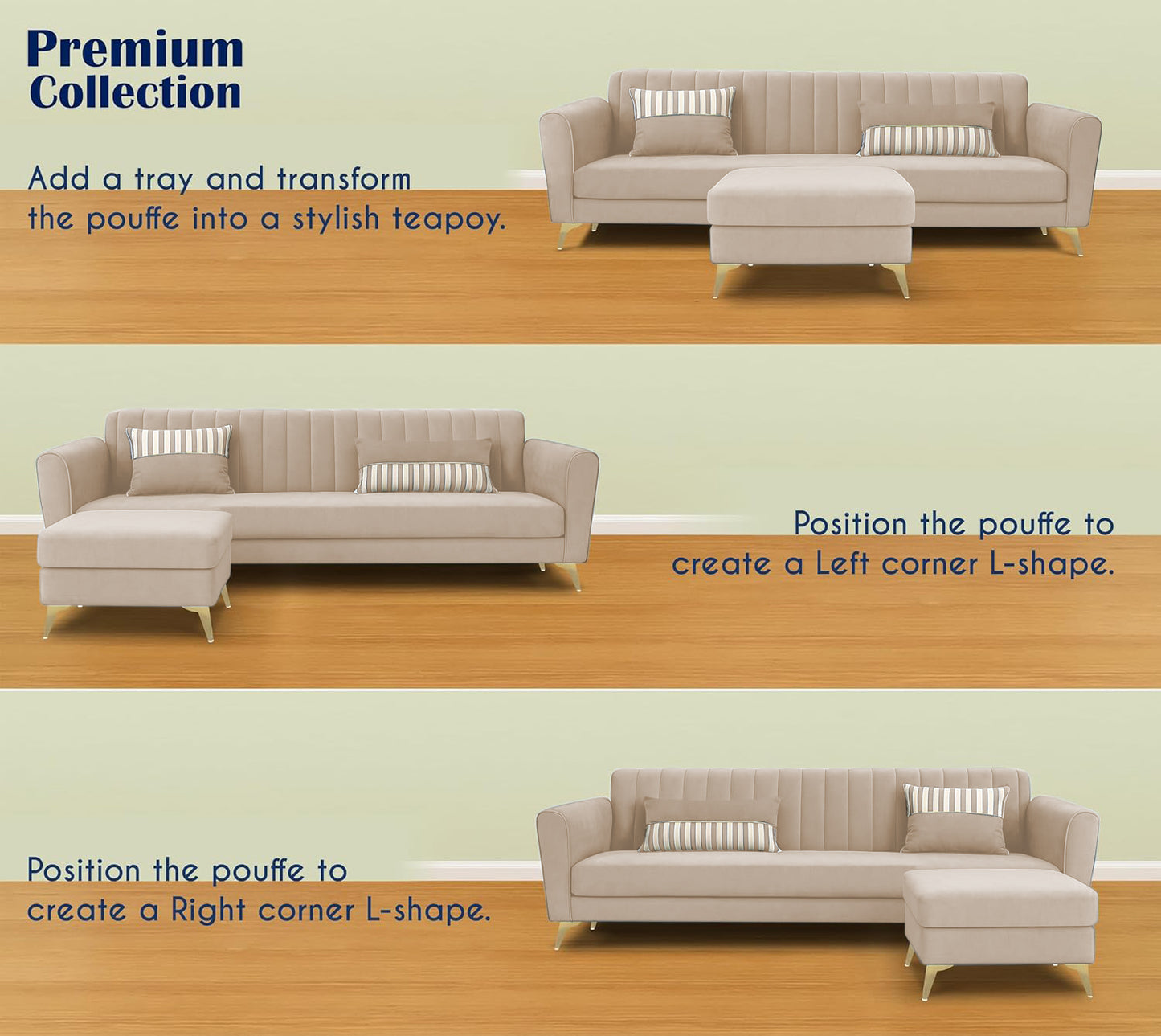 Adorn India Premium Luster 4 Seater L Shape Sofa Set | Velvet Suede Fabric | 3-Year Warranty | Color Cream with Golden Legs & Striped Pattern Cushion