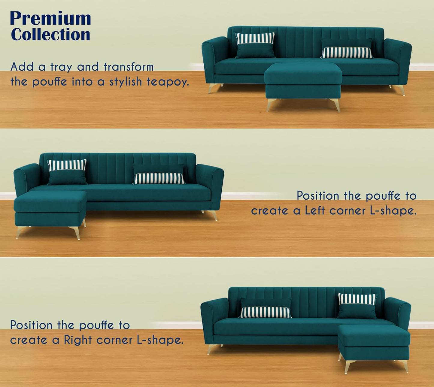 Adorn India Premium Luster 4 Seater L Shape Sofa Set | Velvet Suede Fabric | 3-Year Warranty | Color ocean Blue with Golden Legs & Striped Pattern Cushion