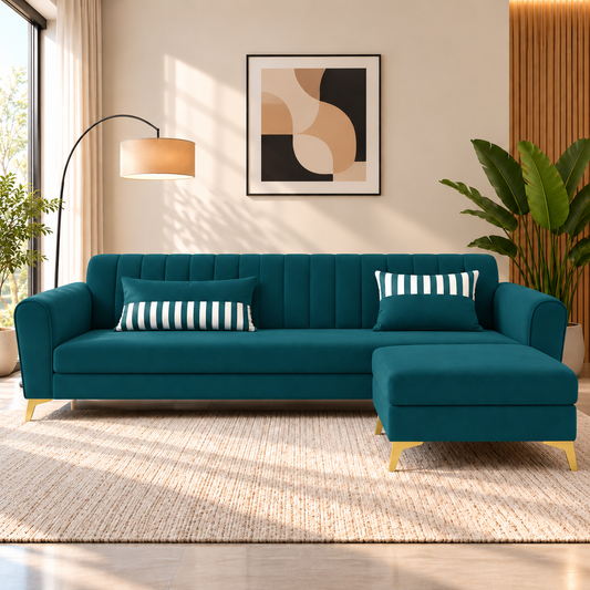 Adorn India Luster 4-seater L-shaped sofa in ocean blue velvet suede