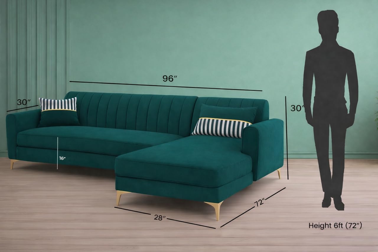 Adorn India Premium Luster 8 Seater L Shape Sofa Set with 2 Puffy & 1 Center Table | Velvet Suede Fabric | 3-Year Warranty | RHS | Ocean Blue with Golden Legs & Striped Pattern Cushion