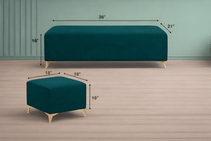 Adorn India Premium Luster 8 Seater L Shape Sofa Set with 2 Puffy & 1 Center Table | Velvet Suede Fabric | 3-Year Warranty | RHS | Ocean Blue with Golden Legs & Striped Pattern Cushion