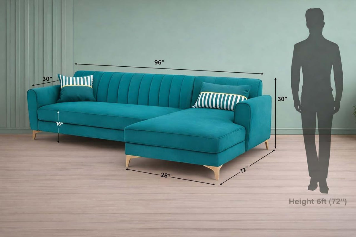 Premium Luster 8 Seater L Shape Sofa Set with 2 Puffy & 1 Center Table | Velvet Suede Fabric | 3-Year Warranty | RHS | Aqua Blue with Golden Legs & Striped Pattern Cushion