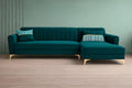 Adorn India Premium Luster 8 Seater L Shape Sofa Set with 2 Puffy & 1 Center Table | Velvet Suede Fabric | 3-Year Warranty | RHS | Ocean Blue with Golden Legs & Striped Pattern Cushion
