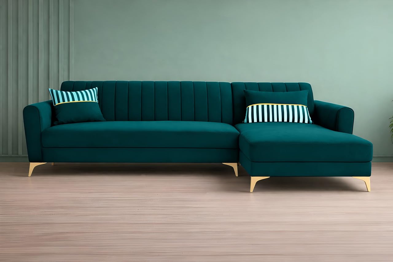Adorn India Premium Luster 8 Seater L Shape Sofa Set with 2 Puffy & 1 Center Table | Velvet Suede Fabric | 3-Year Warranty | RHS | Ocean Blue with Golden Legs & Striped Pattern Cushion