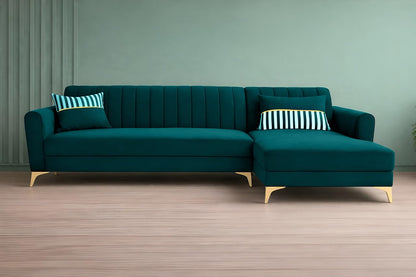 Adorn India Premium Luster 8 Seater L Shape Sofa Set with 2 Puffy & 1 Center Table | Velvet Suede Fabric | 3-Year Warranty | RHS | Ocean Blue with Golden Legs & Striped Pattern Cushion