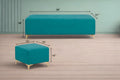 Adorn India Premium Luster 8 Seater L Shape Sofa Set with 2 Puffy & 1 Center Table | Velvet Suede Fabric | 3-Year Warranty | RHS | Aqua Blue with Golden Legs & Striped Pattern Cushion