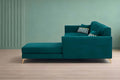 Adorn India Premium Luster 8 Seater L Shape Sofa Set with 2 Puffy & 1 Center Table | Velvet Suede Fabric | 3-Year Warranty | RHS | Ocean Blue with Golden Legs & Striped Pattern Cushion