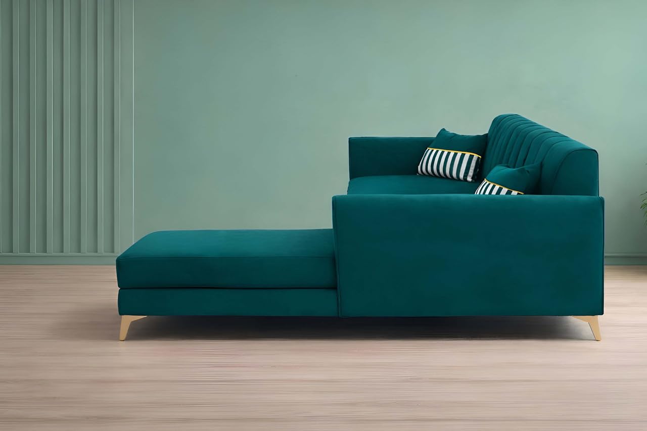 Adorn India Premium Luster 8 Seater L Shape Sofa Set with 2 Puffy & 1 Center Table | Velvet Suede Fabric | 3-Year Warranty | RHS | Ocean Blue with Golden Legs & Striped Pattern Cushion