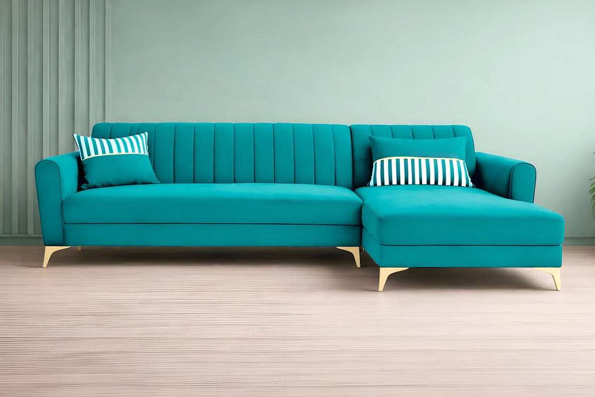 Premium Luster 8 Seater L Shape Sofa Set with 2 Puffy & 1 Center Table | Velvet Suede Fabric | 3-Year Warranty | RHS | Aqua Blue with Golden Legs & Striped Pattern Cushion