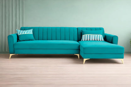 Premium Luster 8 Seater L Shape Sofa Set with 2 Puffy & 1 Center Table | Velvet Suede Fabric | 3-Year Warranty | RHS | Aqua Blue with Golden Legs & Striped Pattern Cushion