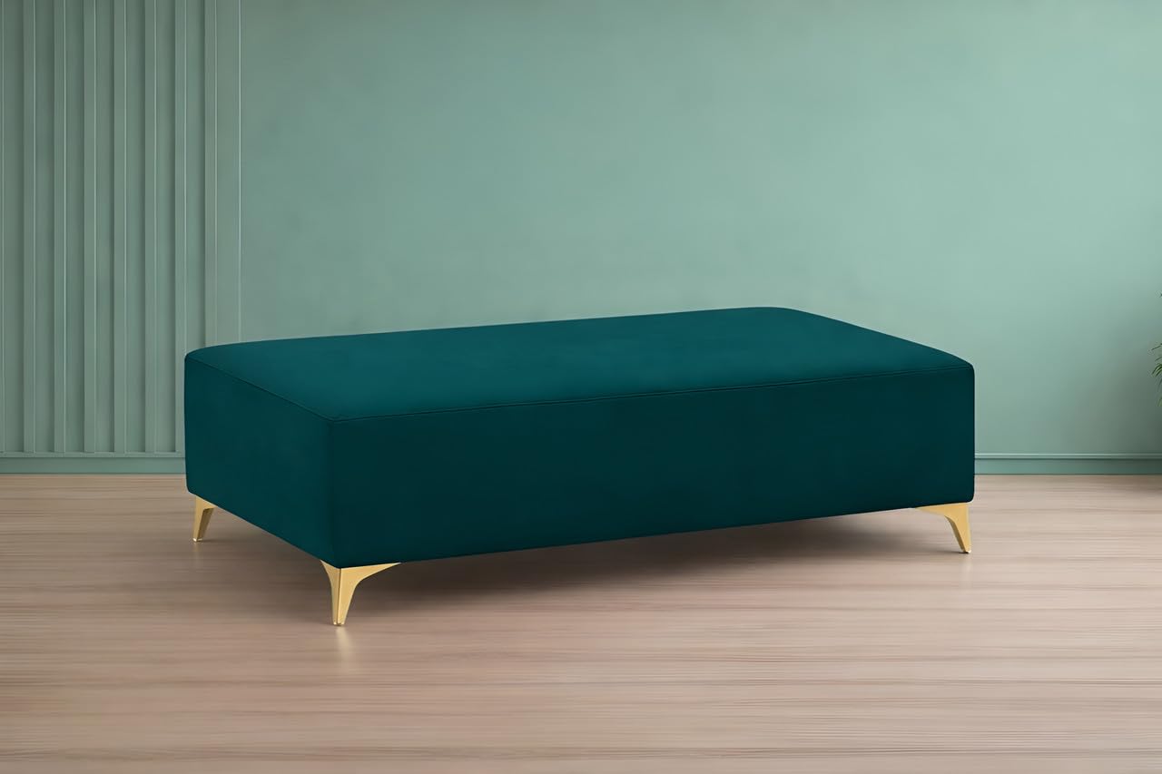 Adorn India Premium Luster 8 Seater L Shape Sofa Set with 2 Puffy & 1 Center Table | Velvet Suede Fabric | 3-Year Warranty | RHS | Ocean Blue with Golden Legs & Striped Pattern Cushion
