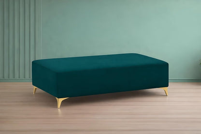 Adorn India Premium Luster 8 Seater L Shape Sofa Set with 2 Puffy & 1 Center Table | Velvet Suede Fabric | 3-Year Warranty | RHS | Ocean Blue with Golden Legs & Striped Pattern Cushion