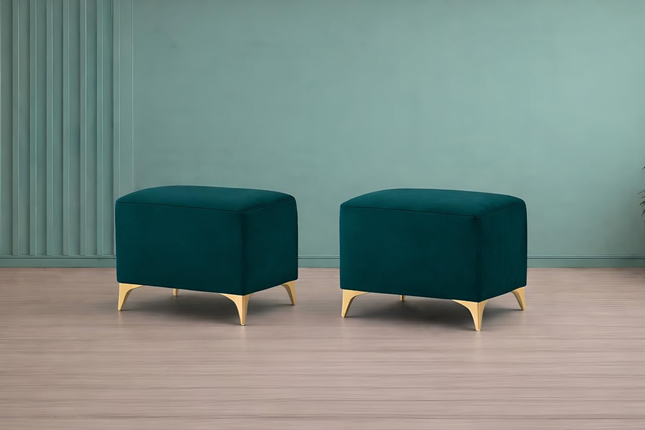 Adorn India Premium Luster 8 Seater L Shape Sofa Set with 2 Puffy & 1 Center Table | Velvet Suede Fabric | 3-Year Warranty | RHS | Ocean Blue with Golden Legs & Striped Pattern Cushion
