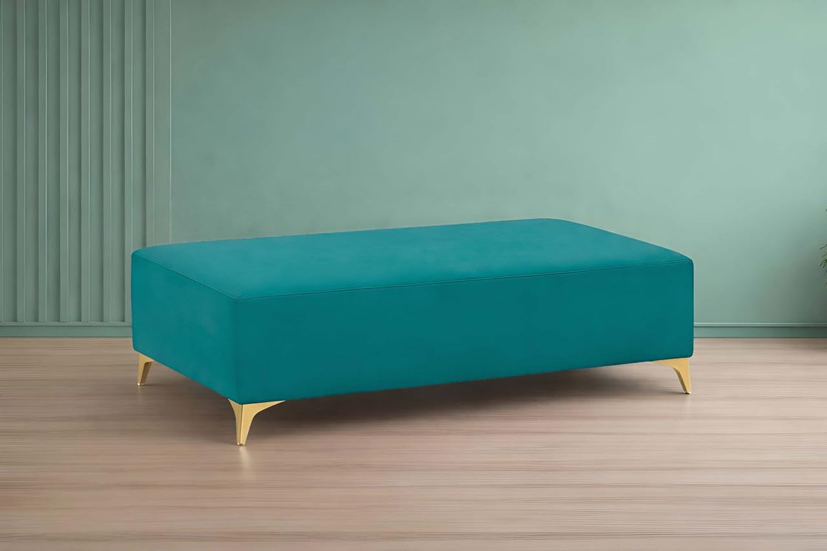 Premium Luster 8 Seater L Shape Sofa Set with 2 Puffy & 1 Center Table | Velvet Suede Fabric | 3-Year Warranty | RHS | Aqua Blue with Golden Legs & Striped Pattern Cushion
