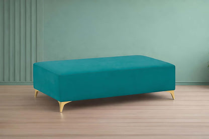 Premium Luster 8 Seater L Shape Sofa Set with 2 Puffy & 1 Center Table | Velvet Suede Fabric | 3-Year Warranty | RHS | Aqua Blue with Golden Legs & Striped Pattern Cushion