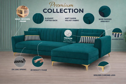 Adorn India Premium Luster 8 Seater L Shape Sofa Set with 2 Puffy & 1 Center Table | Velvet Suede Fabric | 3-Year Warranty | RHS | Ocean Blue with Golden Legs & Striped Pattern Cushion