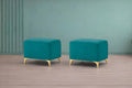 Adorn India Premium Luster 8 Seater L Shape Sofa Set with 2 Puffy & 1 Center Table | Velvet Suede Fabric | 3-Year Warranty | RHS | Aqua Blue with Golden Legs & Striped Pattern Cushion