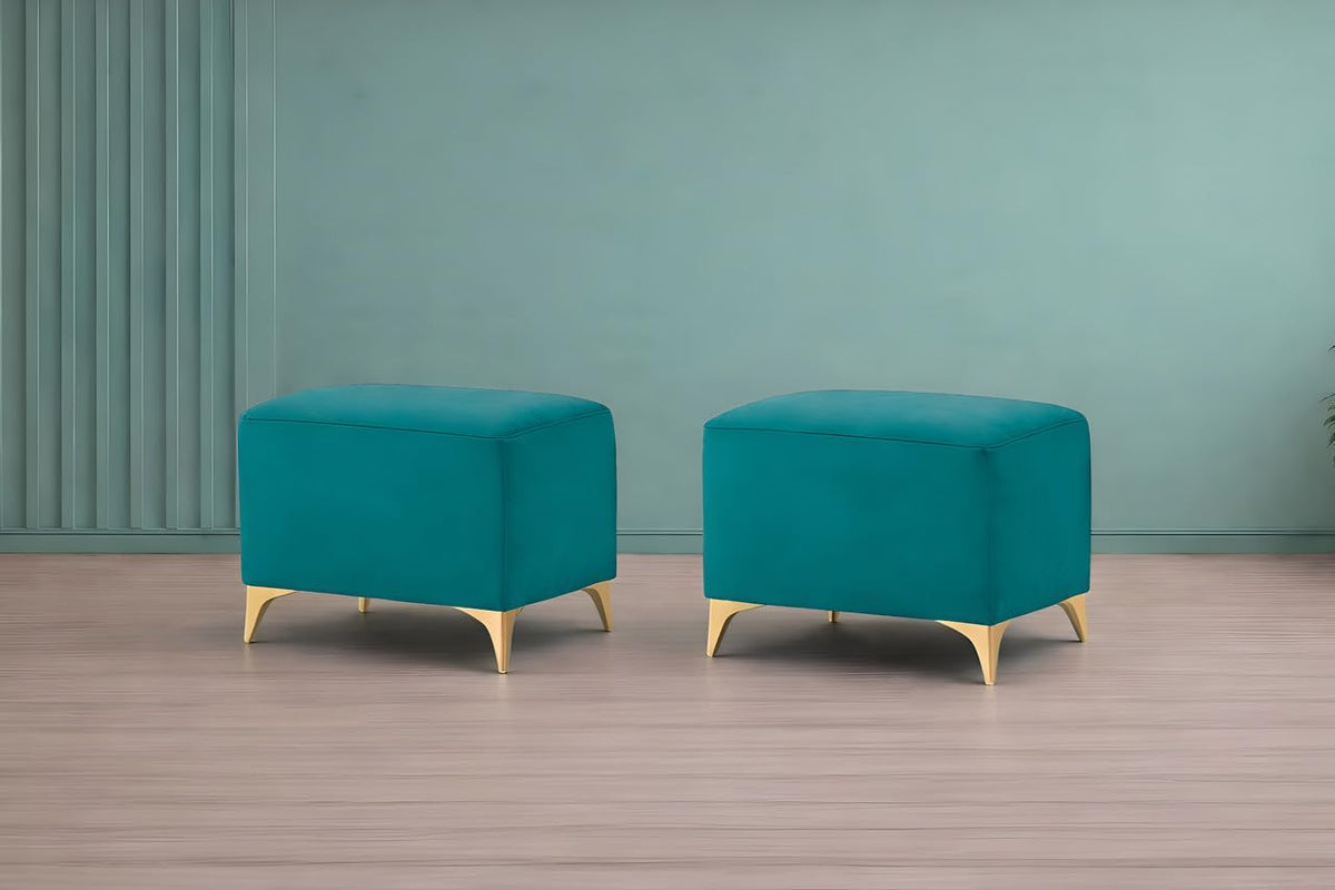 Premium Luster 8 Seater L Shape Sofa Set with 2 Puffy & 1 Center Table | Velvet Suede Fabric | 3-Year Warranty | RHS | Aqua Blue with Golden Legs & Striped Pattern Cushion