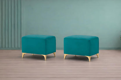 Premium Luster 8 Seater L Shape Sofa Set with 2 Puffy & 1 Center Table | Velvet Suede Fabric | 3-Year Warranty | RHS | Aqua Blue with Golden Legs & Striped Pattern Cushion