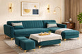 Adorn India Premium Luster 8 Seater L Shape Sofa Set with 2 Puffy & 1 Center Table | Velvet Suede Fabric | 3-Year Warranty | RHS | Ocean Blue with Golden Legs & Striped Pattern Cushion