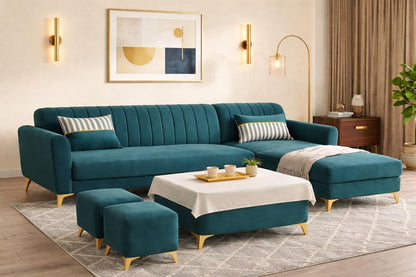 Adorn India Premium Luster 8 Seater L Shape Sofa Set with 2 Puffy & 1 Center Table | Velvet Suede Fabric | 3-Year Warranty | RHS | Ocean Blue with Golden Legs & Striped Pattern Cushion