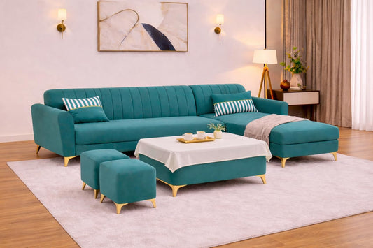 Adorn India Premium Luster 8 Seater L Shape Sofa Set with 2 Puffy & 1 Center Table | Velvet Suede Fabric | 3-Year Warranty | RHS | Aqua Blue with Golden Legs & Striped Pattern Cushion