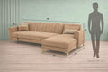 Adorn India Premium Luster 8 Seater L Shape Sofa Set with 2 Puffy & 1 Center Table | Velvet Suede Fabric | 3-Year Warranty | RHS | Camel with Golden Legs & Striped Pattern Cushion