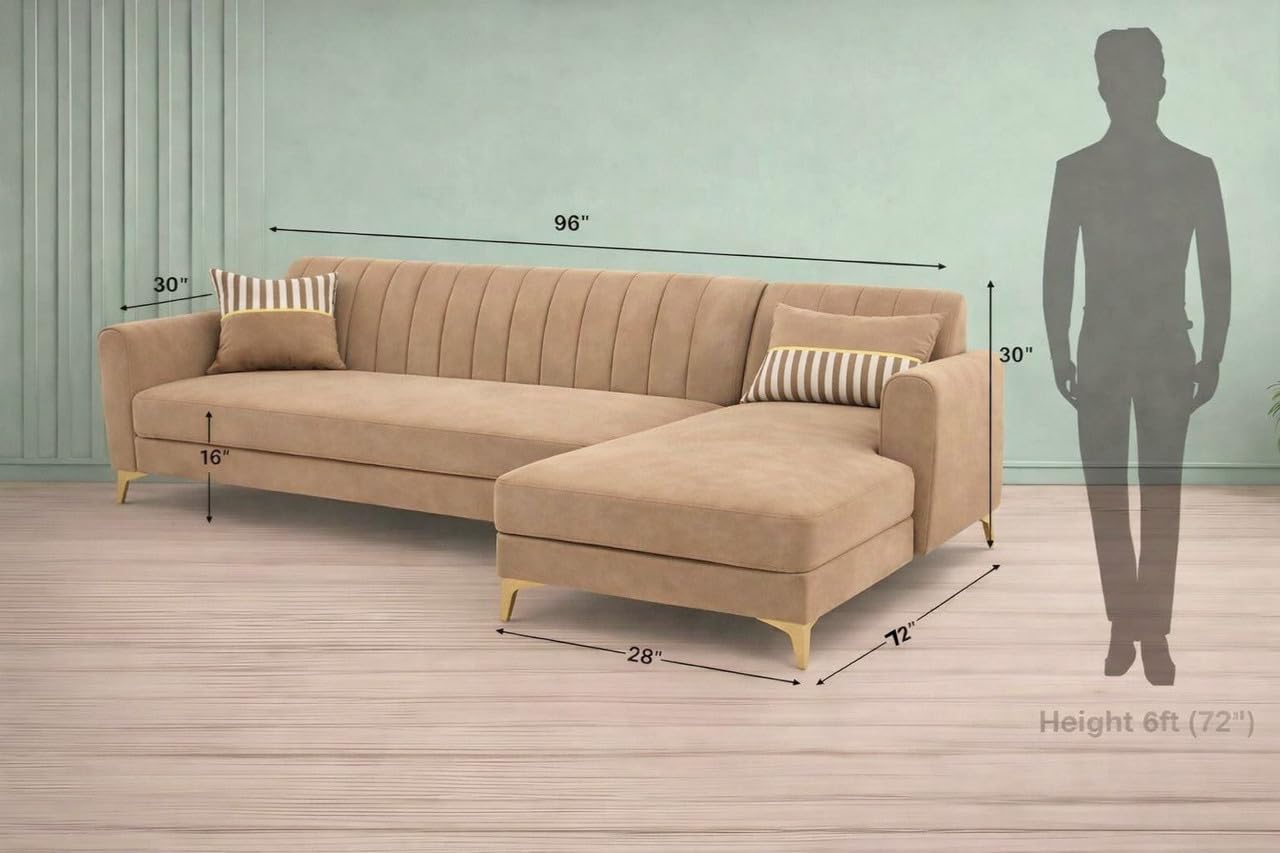Adorn India Premium Luster 8 Seater L Shape Sofa Set with 2 Puffy & 1 Center Table | Velvet Suede Fabric | 3-Year Warranty | RHS | Camel with Golden Legs & Striped Pattern Cushion