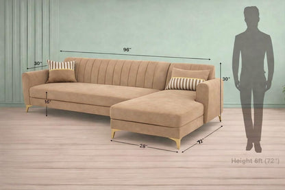 Adorn India Premium Luster 8 Seater L Shape Sofa Set with 2 Puffy & 1 Center Table | Velvet Suede Fabric | 3-Year Warranty | RHS | Camel with Golden Legs & Striped Pattern Cushion
