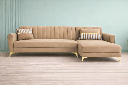 Adorn India Premium Luster 8 Seater L Shape Sofa Set with 2 Puffy & 1 Center Table | Velvet Suede Fabric | 3-Year Warranty | RHS | Camel with Golden Legs & Striped Pattern Cushion