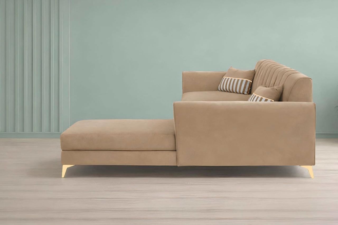 Adorn India Premium Luster 8 Seater L Shape Sofa Set with 2 Puffy & 1 Center Table | Velvet Suede Fabric | 3-Year Warranty | RHS | Camel with Golden Legs & Striped Pattern Cushion