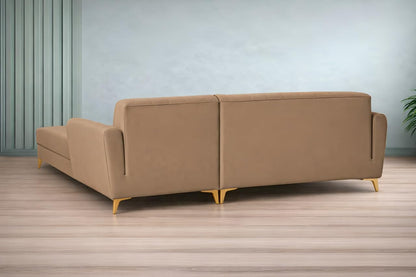 Adorn India Premium Luster 8 Seater L Shape Sofa Set with 2 Puffy & 1 Center Table | Velvet Suede Fabric | 3-Year Warranty | RHS | Camel with Golden Legs & Striped Pattern Cushion