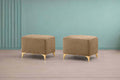 Adorn India Premium Luster 8 Seater L Shape Sofa Set with 2 Puffy & 1 Center Table | Velvet Suede Fabric | 3-Year Warranty | RHS | Camel with Golden Legs & Striped Pattern Cushion