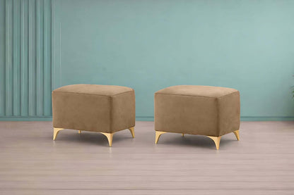 Adorn India Premium Luster 8 Seater L Shape Sofa Set with 2 Puffy & 1 Center Table | Velvet Suede Fabric | 3-Year Warranty | RHS | Camel with Golden Legs & Striped Pattern Cushion