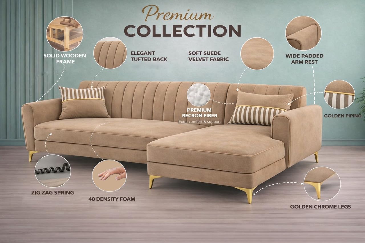 Adorn India Premium Luster 8 Seater L Shape Sofa Set with 2 Puffy & 1 Center Table | Velvet Suede Fabric | 3-Year Warranty | RHS | Camel with Golden Legs & Striped Pattern Cushion