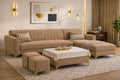 Adorn India Premium Luster 8 Seater L Shape Sofa Set with 2 Puffy & 1 Center Table | Velvet Suede Fabric | 3-Year Warranty | RHS | Camel with Golden Legs & Striped Pattern Cushion
