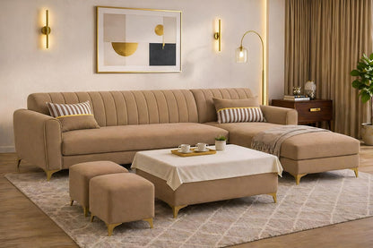 Adorn India Premium Luster 8 Seater L Shape Sofa Set with 2 Puffy & 1 Center Table | Velvet Suede Fabric | 3-Year Warranty | RHS | Camel with Golden Legs & Striped Pattern Cushion