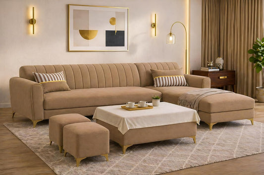 Adorn India Premium Luster 8 Seater L Shape Sofa Set with 2 Puffy & 1 Center Table | Velvet Suede Fabric | 3-Year Warranty | RHS | Camel with Golden Legs & Striped Pattern Cushion