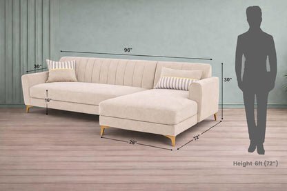 Adorn India Premium Luster 8 Seater L Shape Sofa Set with 2 Puffy & 1 Center Table | Velvet Suede Fabric | 3-Year Warranty | RHS | Cream with Golden Legs & Striped Pattern Cushion