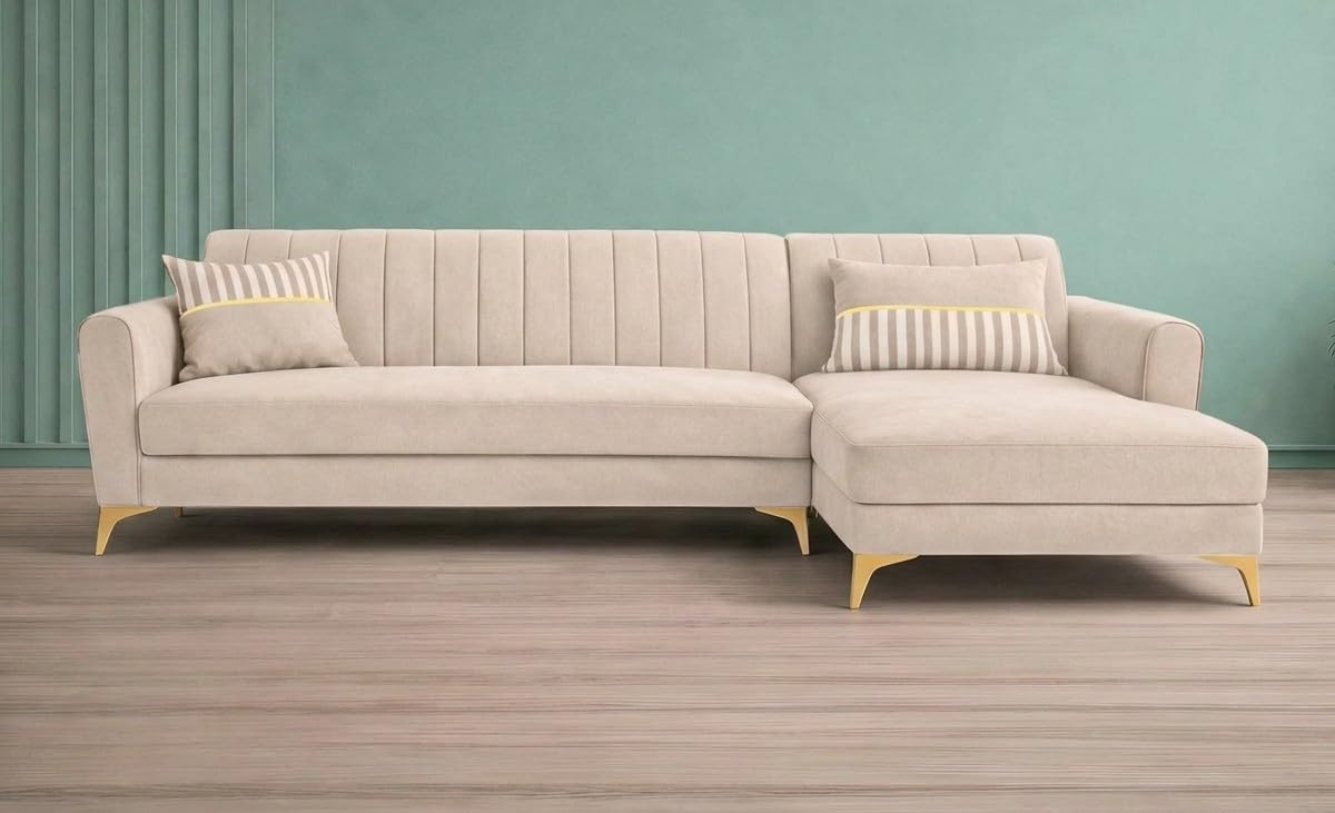 Adorn India Premium Luster 8 Seater L Shape Sofa Set with 2 Puffy & 1 Center Table | Velvet Suede Fabric | 3-Year Warranty | RHS | Cream with Golden Legs & Striped Pattern Cushion