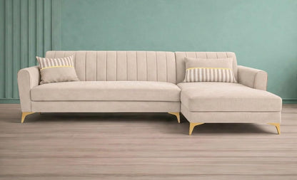 Adorn India Premium Luster 8 Seater L Shape Sofa Set with 2 Puffy & 1 Center Table | Velvet Suede Fabric | 3-Year Warranty | RHS | Cream with Golden Legs & Striped Pattern Cushion