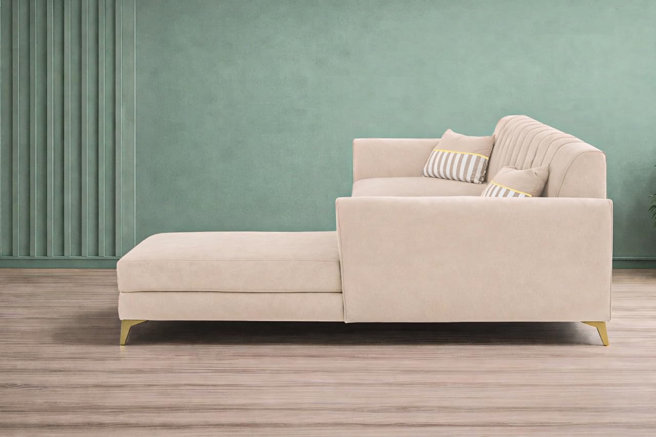 Adorn India Premium Luster 8 Seater L Shape Sofa Set with 2 Puffy & 1 Center Table | Velvet Suede Fabric | 3-Year Warranty | RHS | Cream with Golden Legs & Striped Pattern Cushion