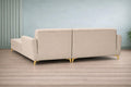 Adorn India Premium Luster 8 Seater L Shape Sofa Set with 2 Puffy & 1 Center Table | Velvet Suede Fabric | 3-Year Warranty | RHS | Cream with Golden Legs & Striped Pattern Cushion