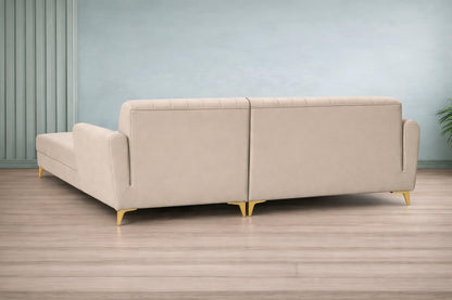 Adorn India Premium Luster 8 Seater L Shape Sofa Set with 2 Puffy & 1 Center Table | Velvet Suede Fabric | 3-Year Warranty | RHS | Cream with Golden Legs & Striped Pattern Cushion