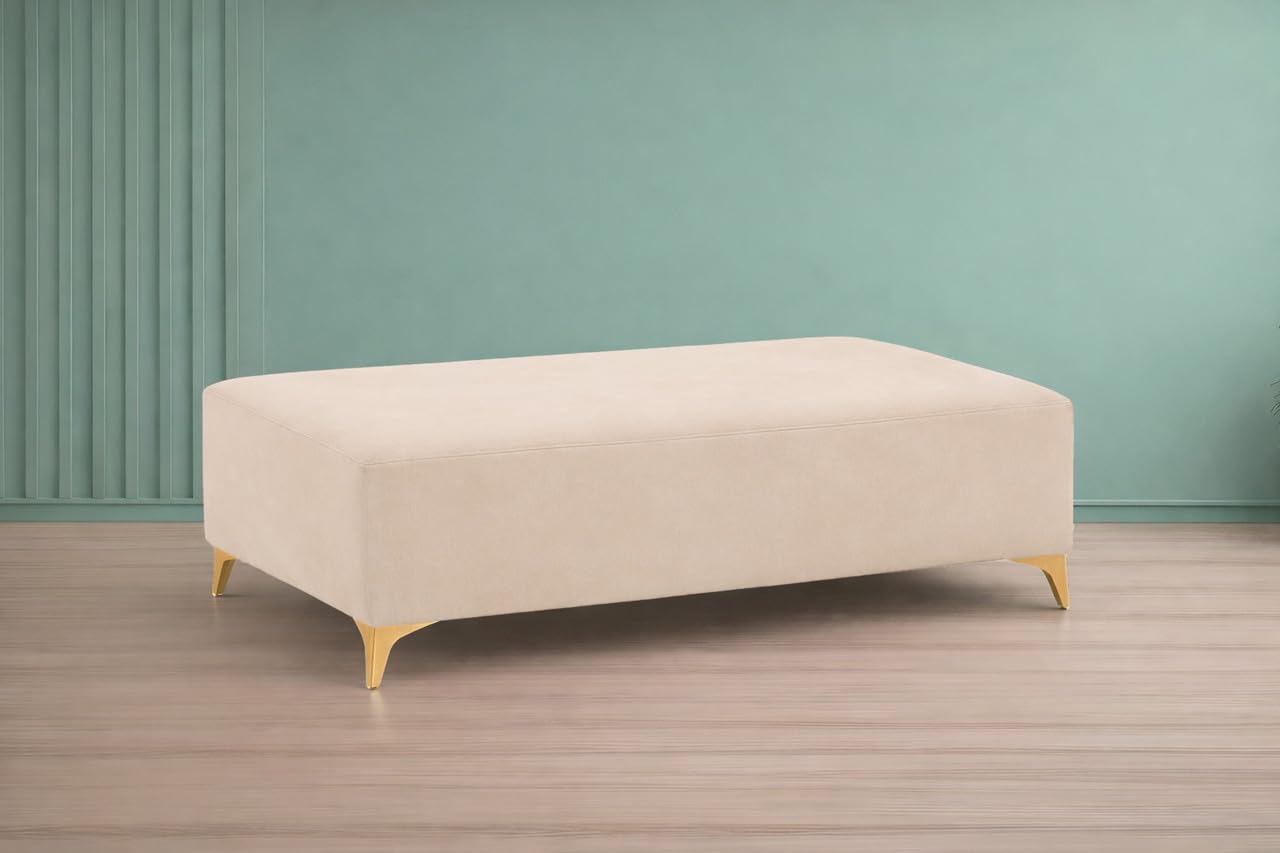 Adorn India Premium Luster 8 Seater L Shape Sofa Set with 2 Puffy & 1 Center Table | Velvet Suede Fabric | 3-Year Warranty | RHS | Cream with Golden Legs & Striped Pattern Cushion